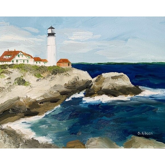 Framed Original Oil Painting Portland Head Lighthouse Seascape Signed 13x15" - Picture 7 of 10